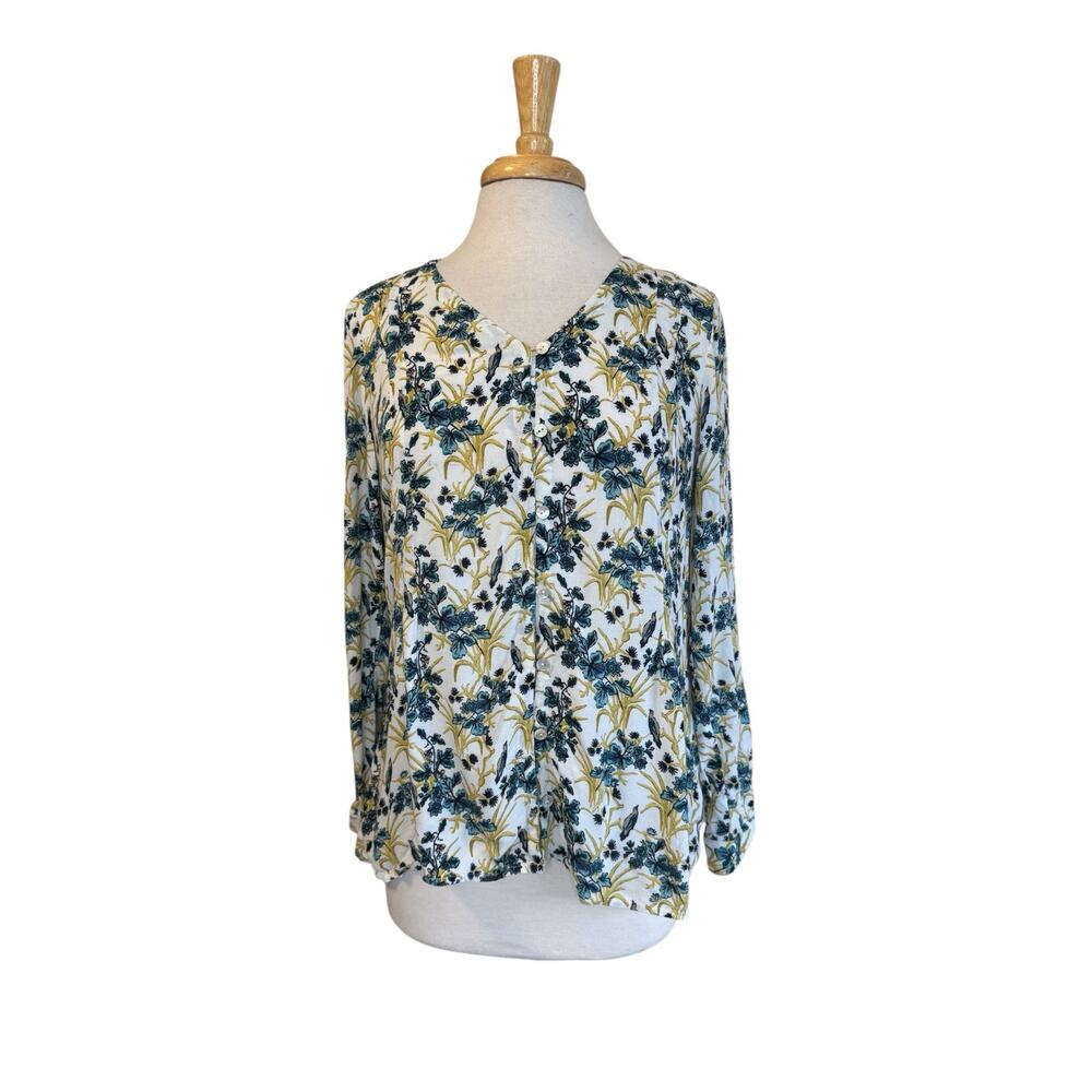 J.JILL Floral Print Pleated Button Up Blouse Size Small Womens Yellow Green Blue